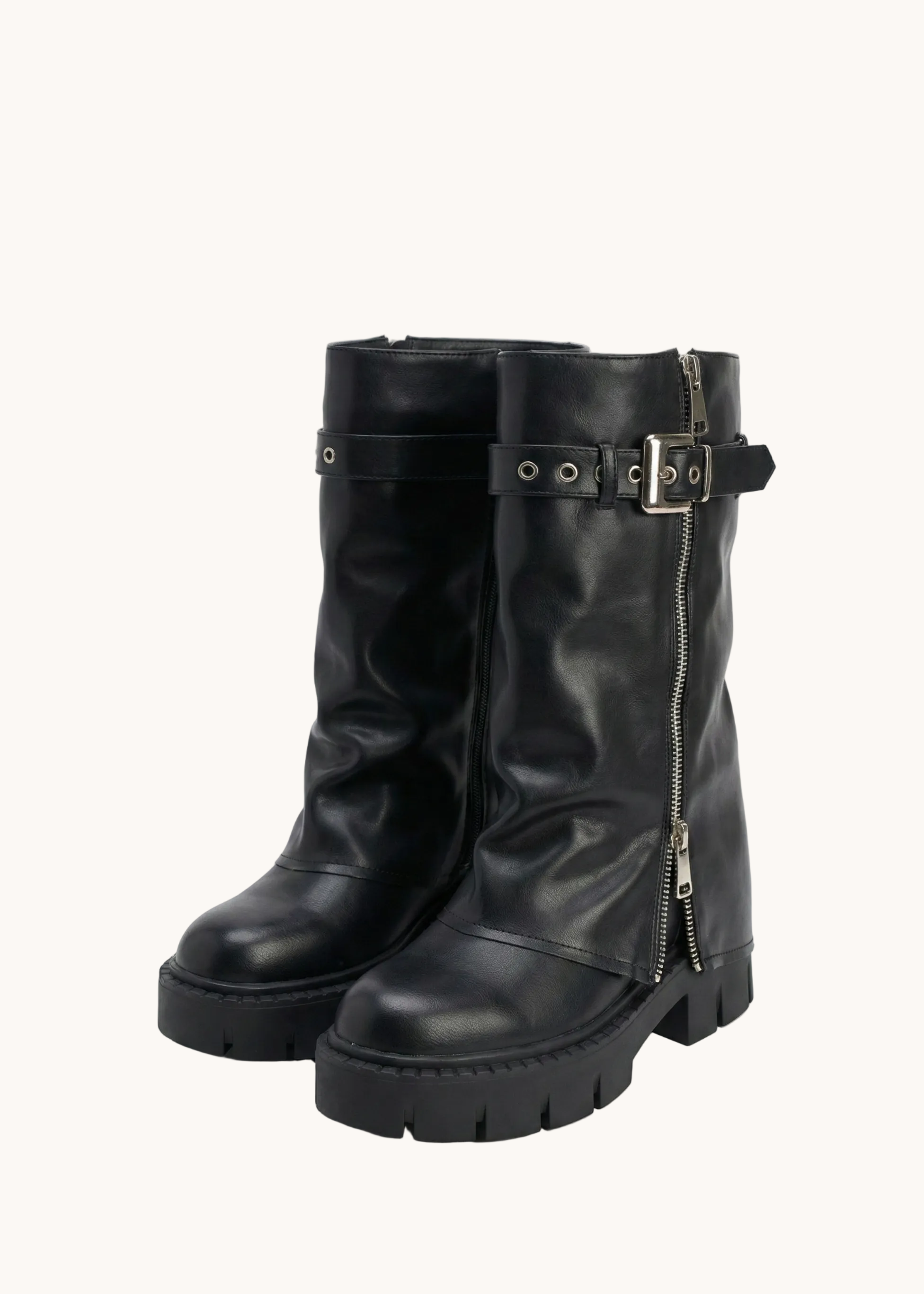 Bottines mi-mollet à zip et boucles